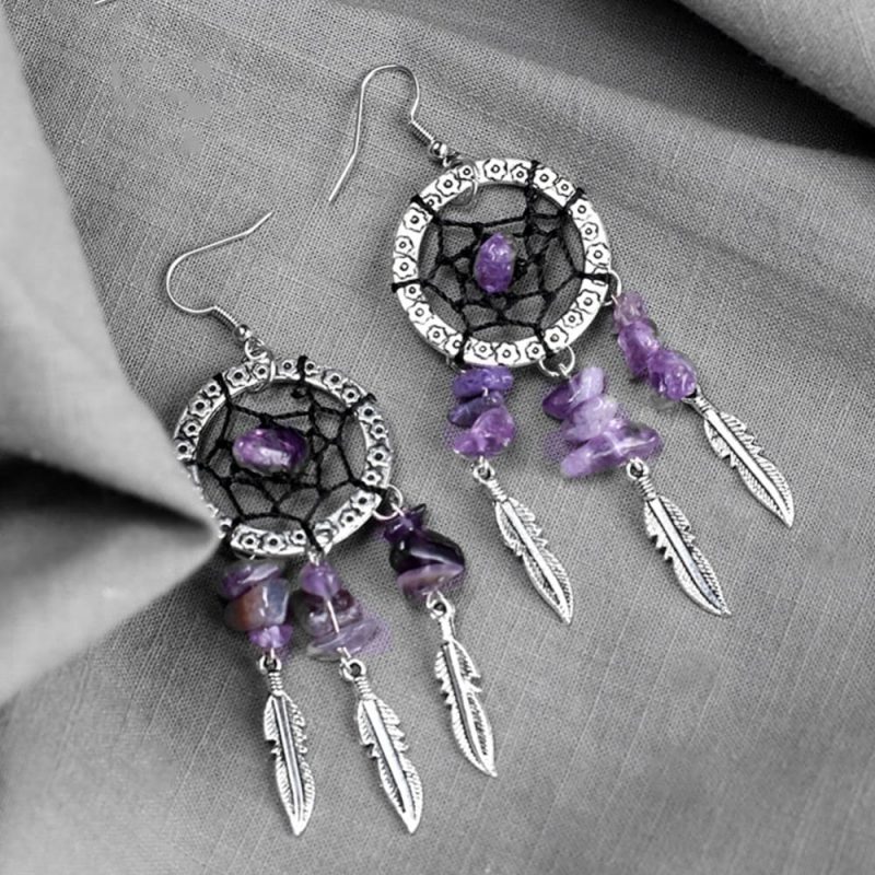 Boucles d’oreilles attrape rêve cristaux violets