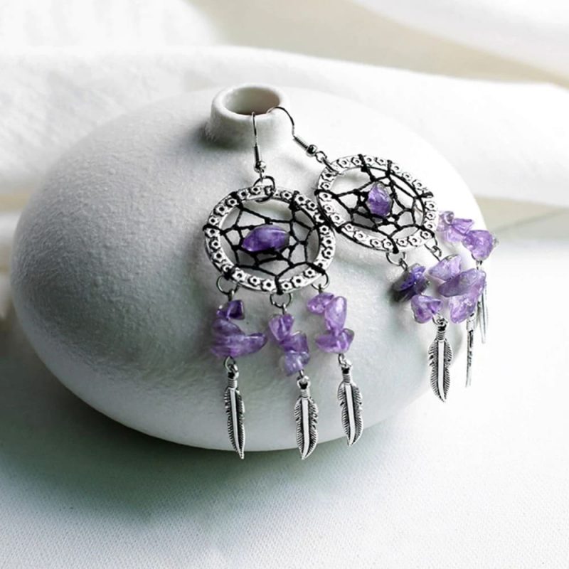 Boucles d’oreilles attrape rêve cristaux violets
